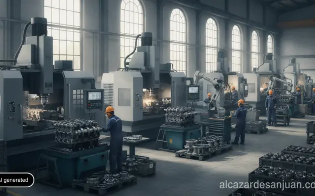 Realistic photojournalistic image of a modern automotive components factory floor with precision bearing and engine parts ...