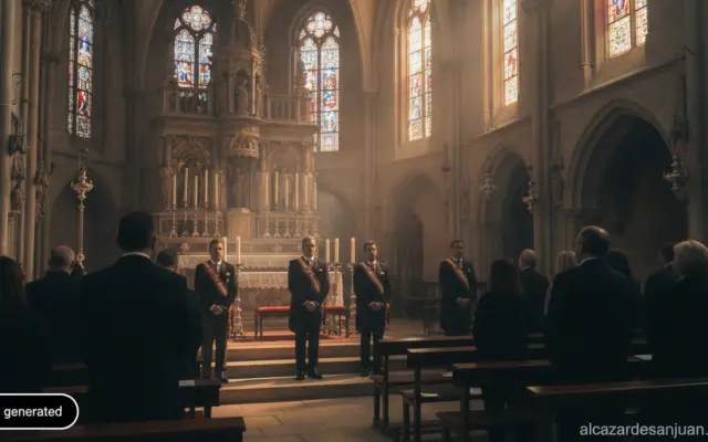 Realistic photojournalistic interior shot of a gothic cathedral in Spain during a solemn religious ceremony, municipal off...