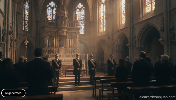 Realistic photojournalistic interior shot of a gothic cathedral in Spain during a solemn religious ceremony, municipal off...