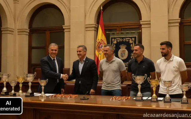 Realistic photojournalistic photo of a sports team reception in a formal municipal government hall in Spain: a local offic...