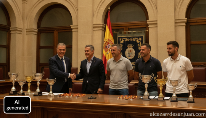 Realistic photojournalistic photo of a sports team reception in a formal municipal government hall in Spain: a local offic...