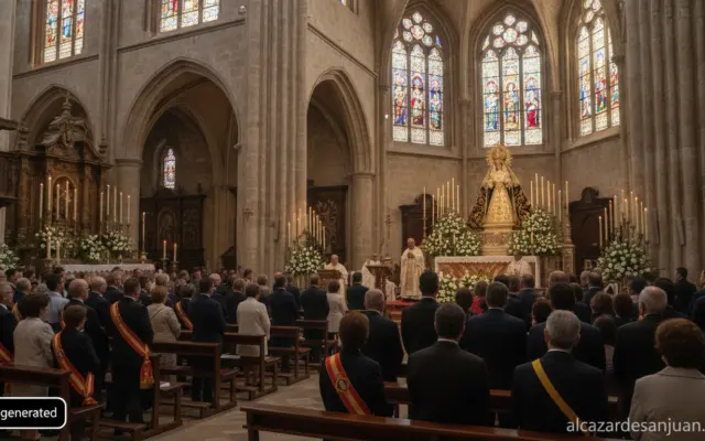 Realistic photojournalistic scene inside a grand Spanish Gothic cathedral during a religious liturgy, municipal officials ...