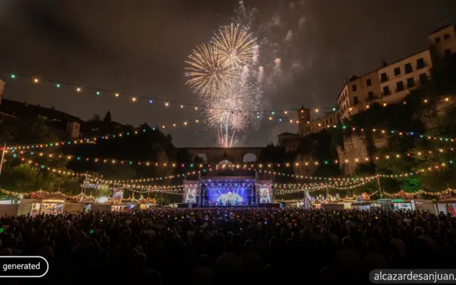 Realistic photojournalistic scene of a Spanish summer town fair (feria) at night in Cuenca, Spain: a festival fairground w...