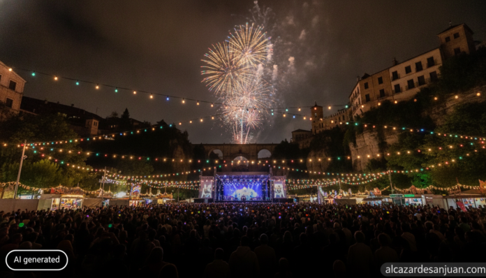Realistic photojournalistic scene of a Spanish summer town fair (feria) at night in Cuenca, Spain: a festival fairground w...