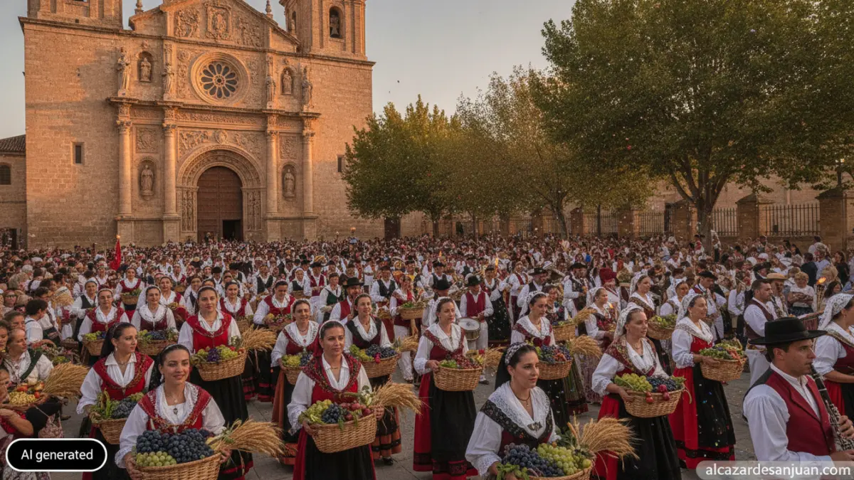 Realistic photojournalistic scene of a traditional Spanish harvest festival procession in Ciudad Real, Castilla-La Mancha:...