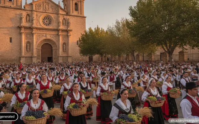 Realistic photojournalistic scene of a traditional Spanish harvest festival procession in Ciudad Real, Castilla-La Mancha:...