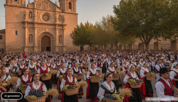Realistic photojournalistic scene of a traditional Spanish harvest festival procession in Ciudad Real, Castilla-La Mancha:...