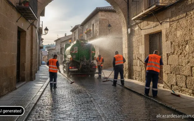 Realistic photojournalistic scene of municipal street cleaning workers with a water truck and brooms deep-cleaning a narro...