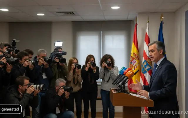 Realistic photojournalistic shot of a regional government press conference in Spain, a middle-aged male politician speakin...