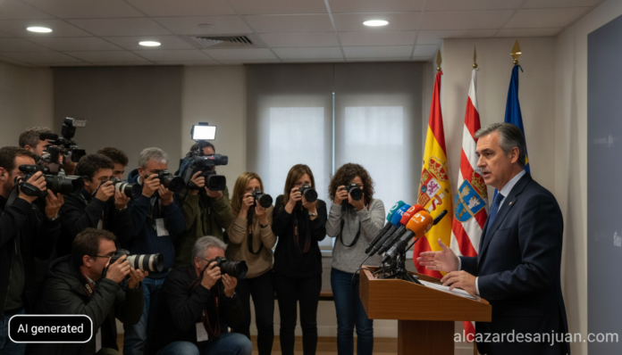 Realistic photojournalistic shot of a regional government press conference in Spain, a middle-aged male politician speakin...