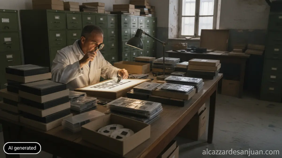 Realistic photojournalistic shot of an archivist examining old photographic negatives and slides in a provincial archive s...