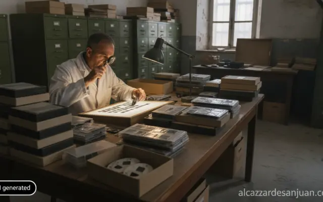 Realistic photojournalistic shot of an archivist examining old photographic negatives and slides in a provincial archive s...