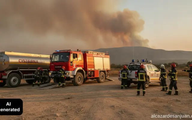Realistic photojournalistic shot of firefighters loading a heavy rural fire truck (Bomba Rural Pesada) and a water tanker ...