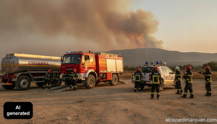 Realistic photojournalistic shot of firefighters loading a heavy rural fire truck (Bomba Rural Pesada) and a water tanker ...
