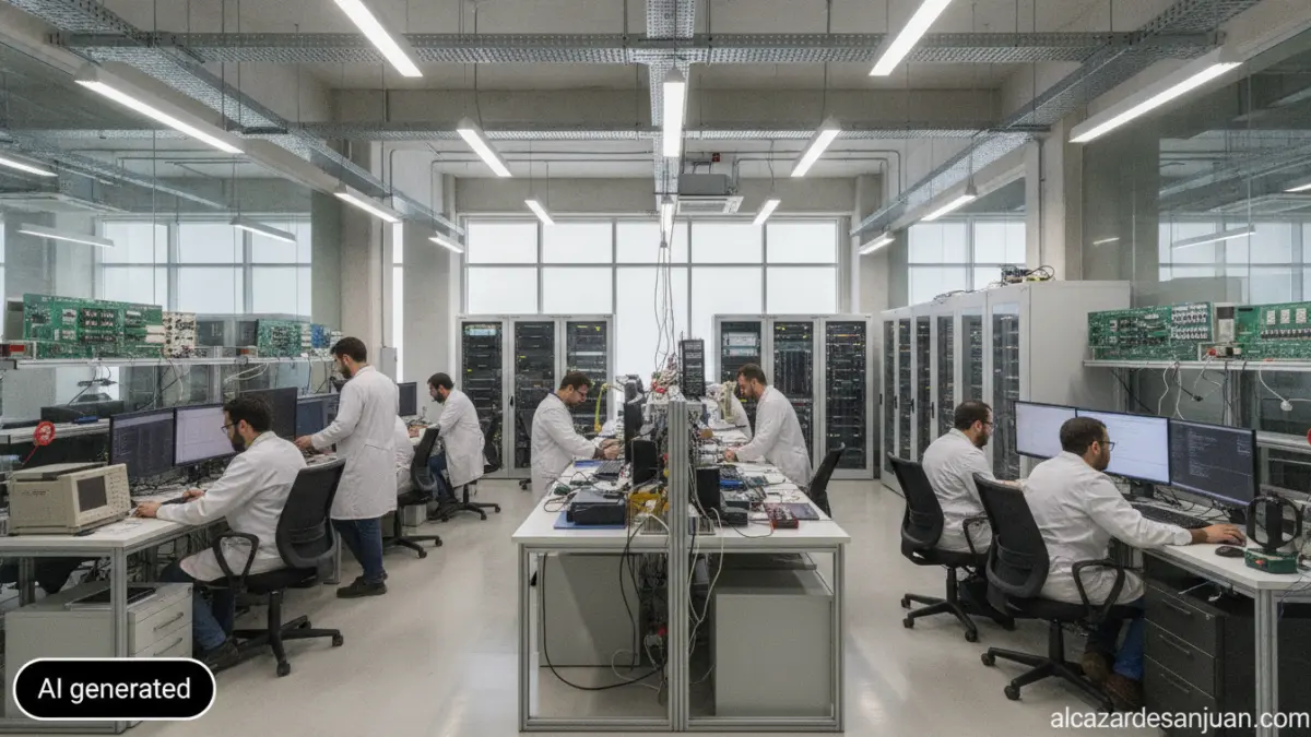 Realistic photojournalistic wide shot of a modern technology research center in Castilla-La Mancha, Spain: engineers and r...