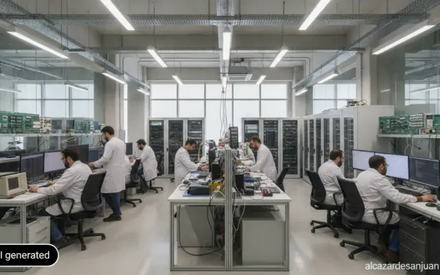 Realistic photojournalistic wide shot of a modern technology research center in Castilla-La Mancha, Spain: engineers and r...