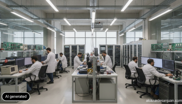 Realistic photojournalistic wide shot of a modern technology research center in Castilla-La Mancha, Spain: engineers and r...