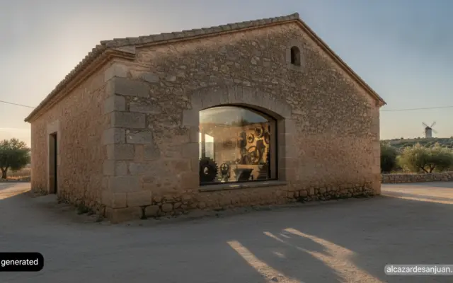 Realistic photojournalistic wide shot of a small industrial heritage museum building in a rural Spanish town in La Mancha,...