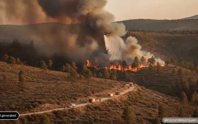 Realistic photojournalistic wide shot of a wildfire on a hillside in central Spain, thick smoke rising over pine and shrub...