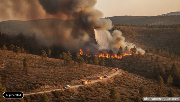 Realistic photojournalistic wide shot of a wildfire on a hillside in central Spain, thick smoke rising over pine and shrub...