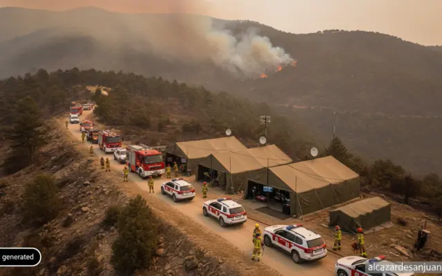 Realistic photojournalistic wide shot of a wildfire security perimeter operation in a mountainous forested area in Spain, ...