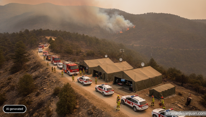 Realistic photojournalistic wide shot of a wildfire security perimeter operation in a mountainous forested area in Spain, ...