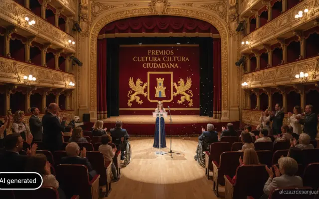 Realistic photojournalistic wide shot of an awards gala inside a theater or auditorium in Spain, a woman speaking at a pod...