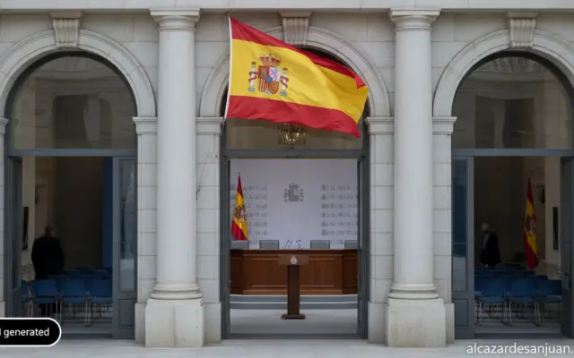 Realistic photojournalistic wide shot of the exterior of the Moncloa Palace press room in Madrid, Spanish flag visible, fo...