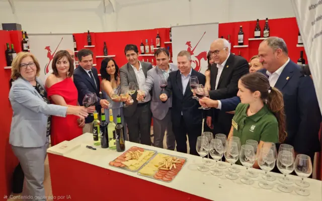 Brindis del presidente autonómico García Page en el stand del Consejo Regulador de la DO La Mancha durante la inauguración de FERCAM 2026