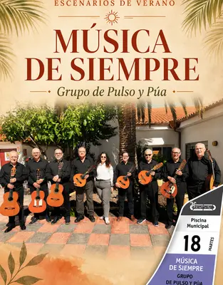 Cartel del concierto del Grupo de Pulso y Púa en la Piscina Municipal dentro de Escenarios de Verano 2026 en Alcázar de San Juan