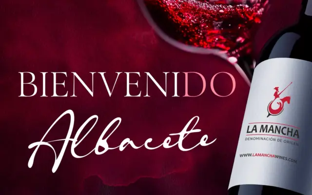 Cartel La Mancha da la bienvenida a Albacete, incorporación a la Denominación de Origen