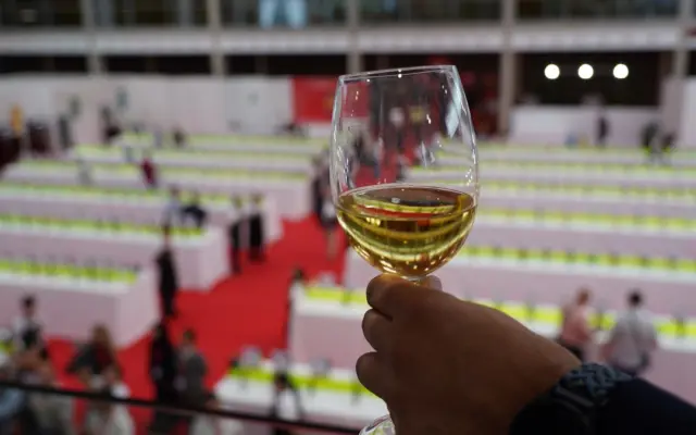 Una copa de vino blanco frente a la Galería del vino en Fenavin Match 2026, en Ciudad Real