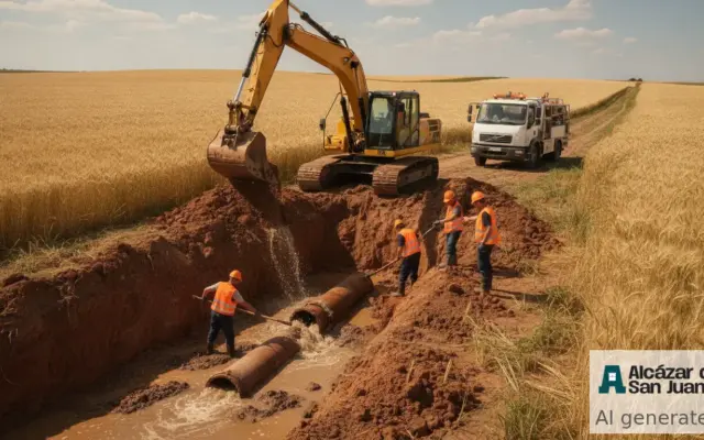 Ilustración de una reparación de urgencia en una tubería de abastecimiento de agua en una zona rural