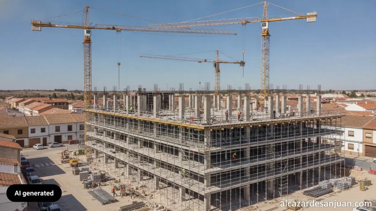 Photojournalistic realistic photo of a modern university residence building under construction in a small Spanish town in ...