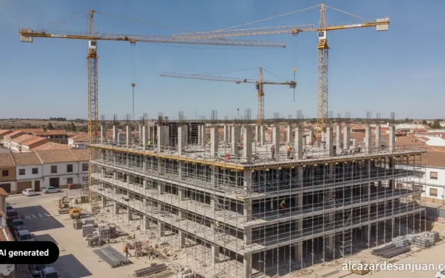 Photojournalistic realistic photo of a modern university residence building under construction in a small Spanish town in ...