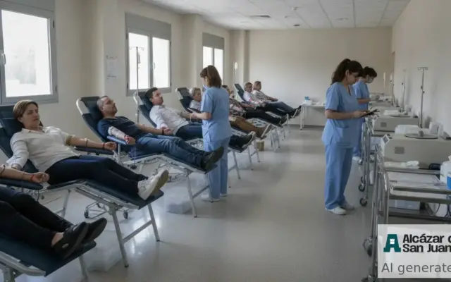 Sala de donación de sangre con varios donantes y personal sanitario en un hospital